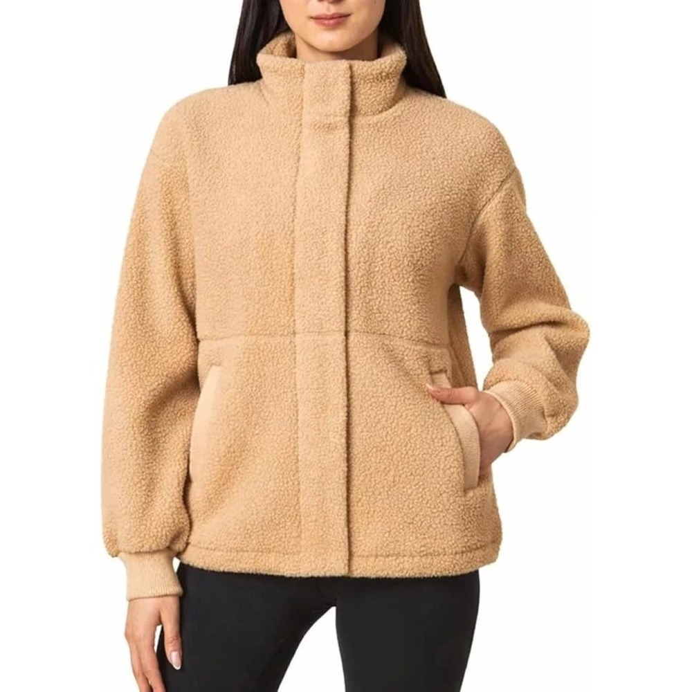 NWT Mondetta Women's L Tan Sherpa Full Zip Fleece Jacket Recycled Polyester